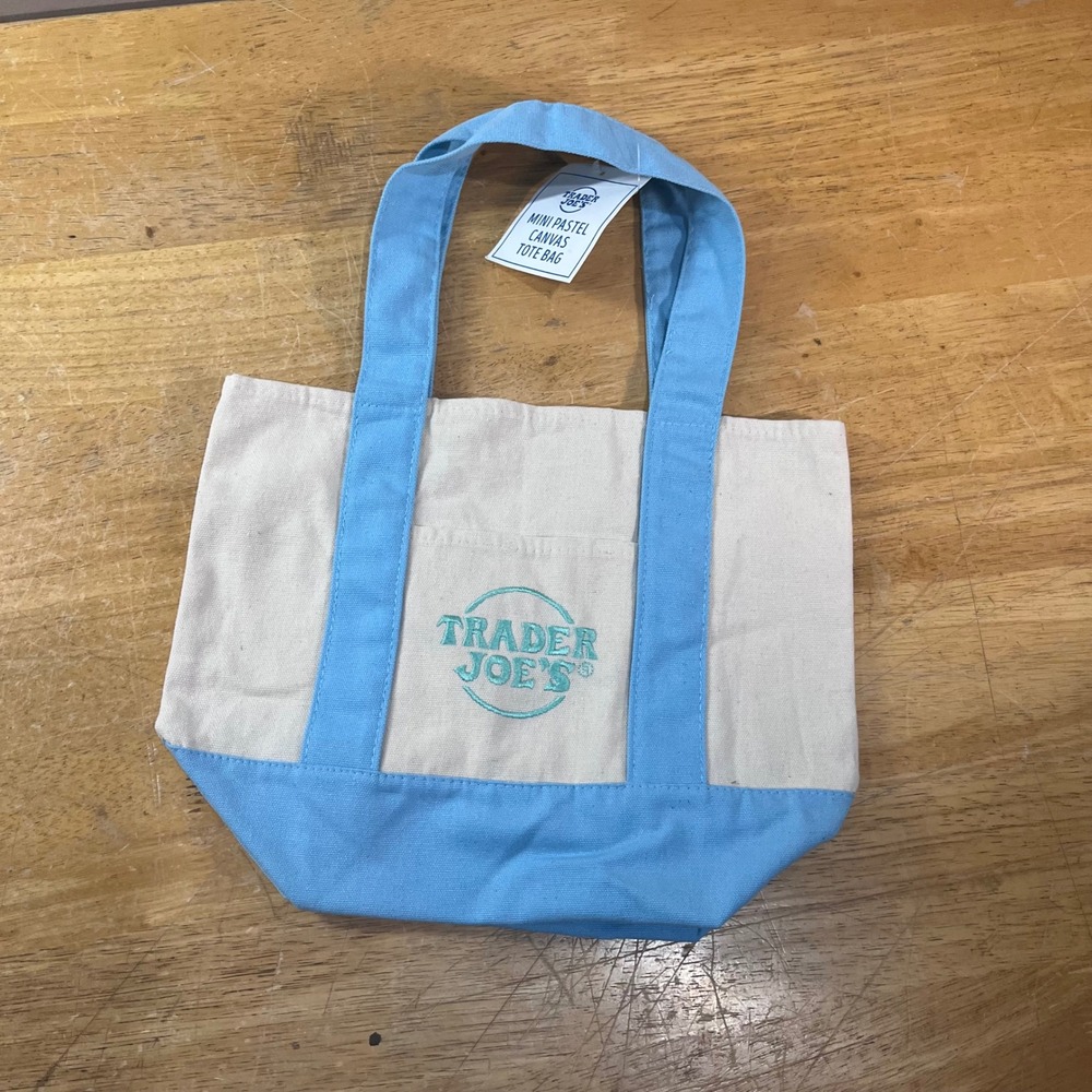Trader Joe's Mini Pastel Canvas Tote Bag Blue Cream Embroidered Logo